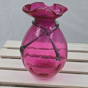 Pink & Green Art Glass Vase, Ruffled Rim, Glossy